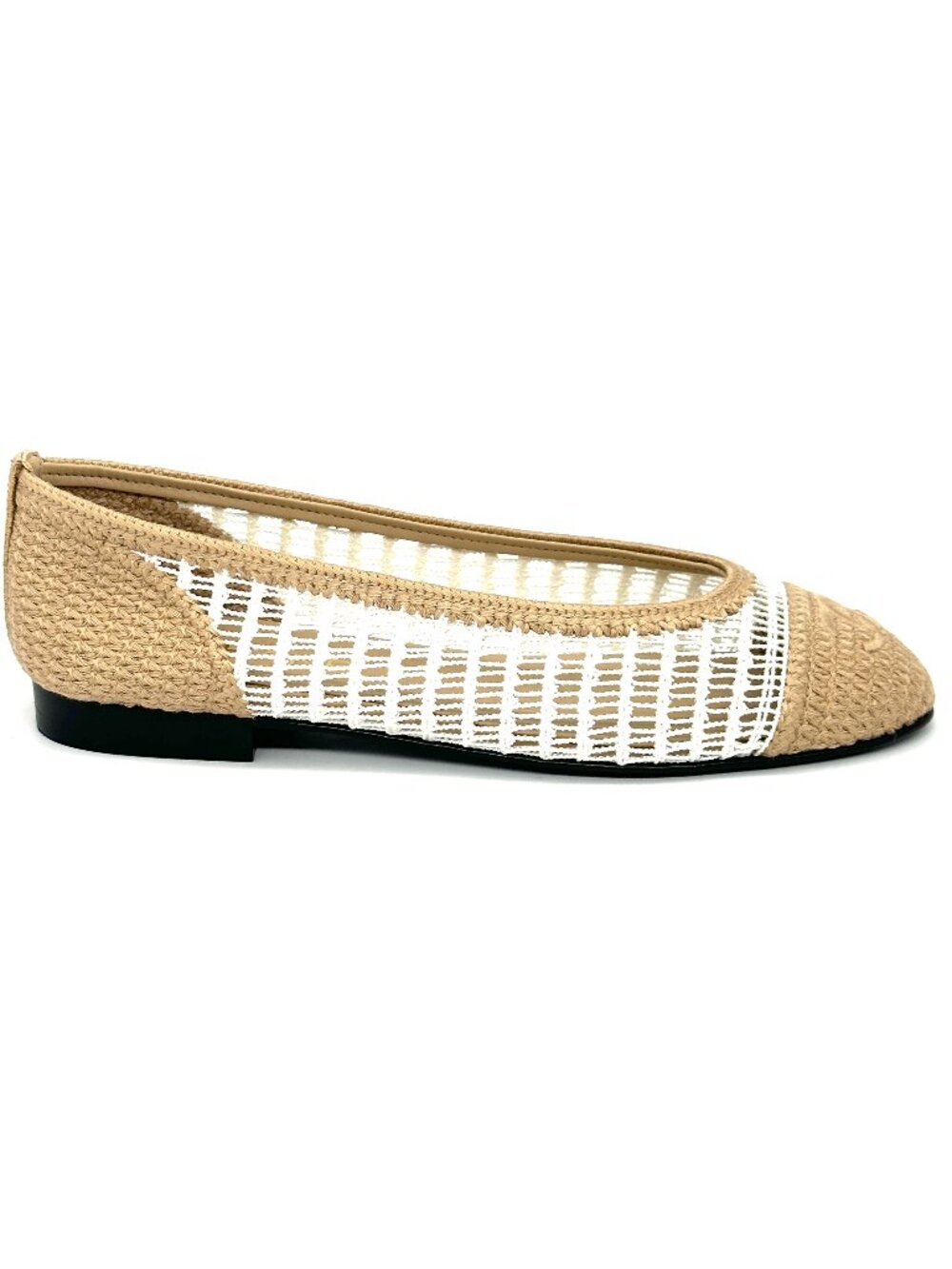 CHANEL REV CC Raffia Crochet Woven Two Tone Cap Toe Ballerina Ballet Flats - Picture 9 of 14